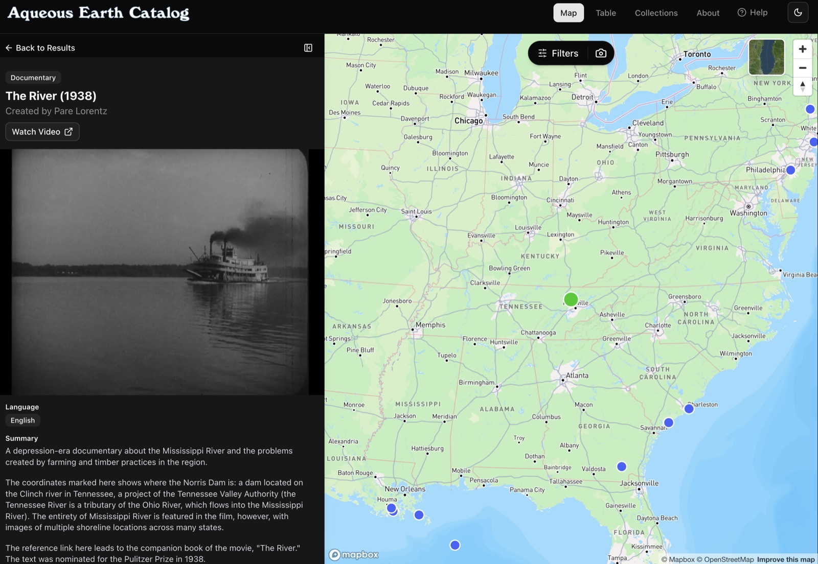 Aqueous Earth Catalog film detail and interactive map