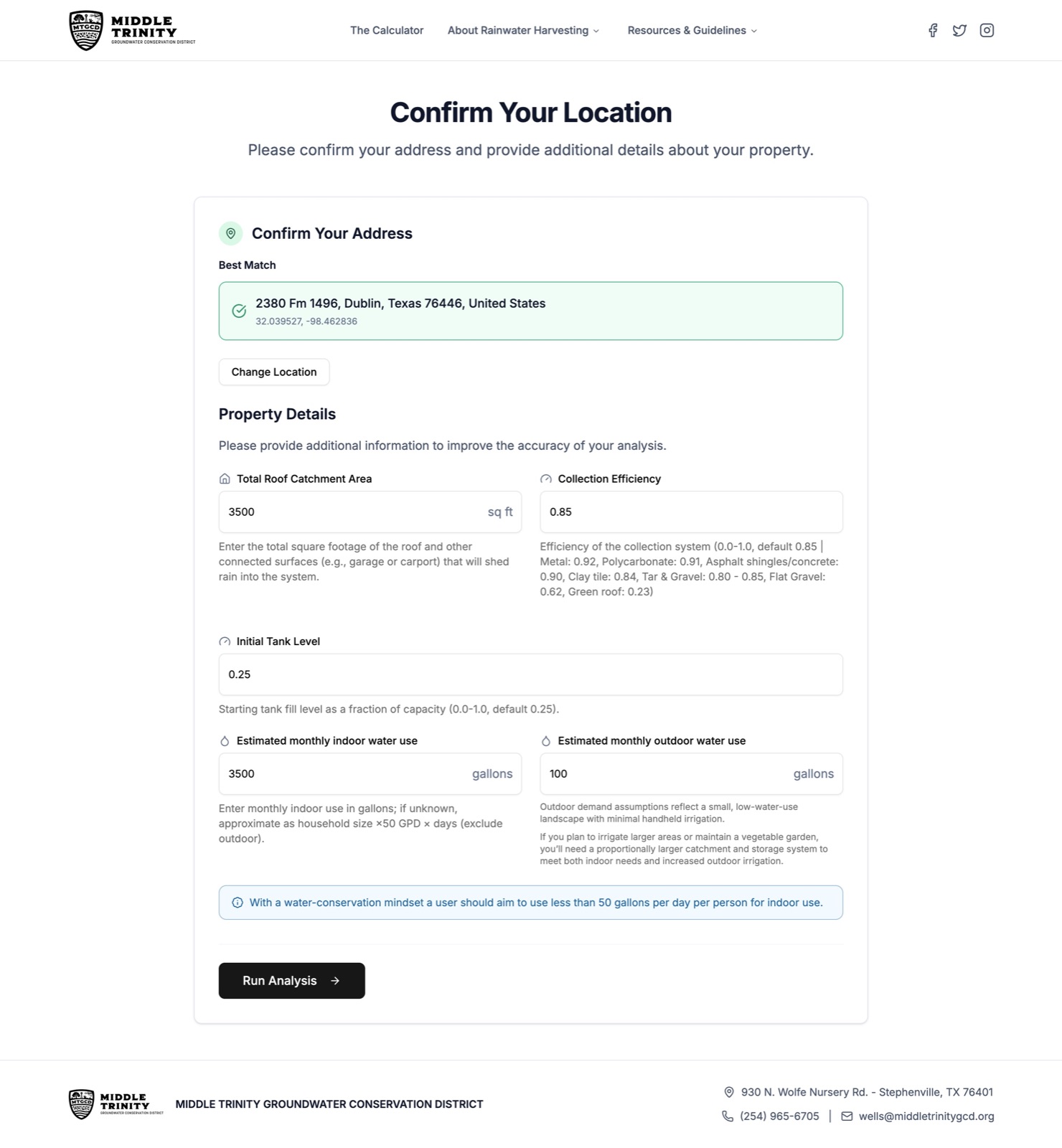 Rainwater Harvesting Calculator location and property confirmation